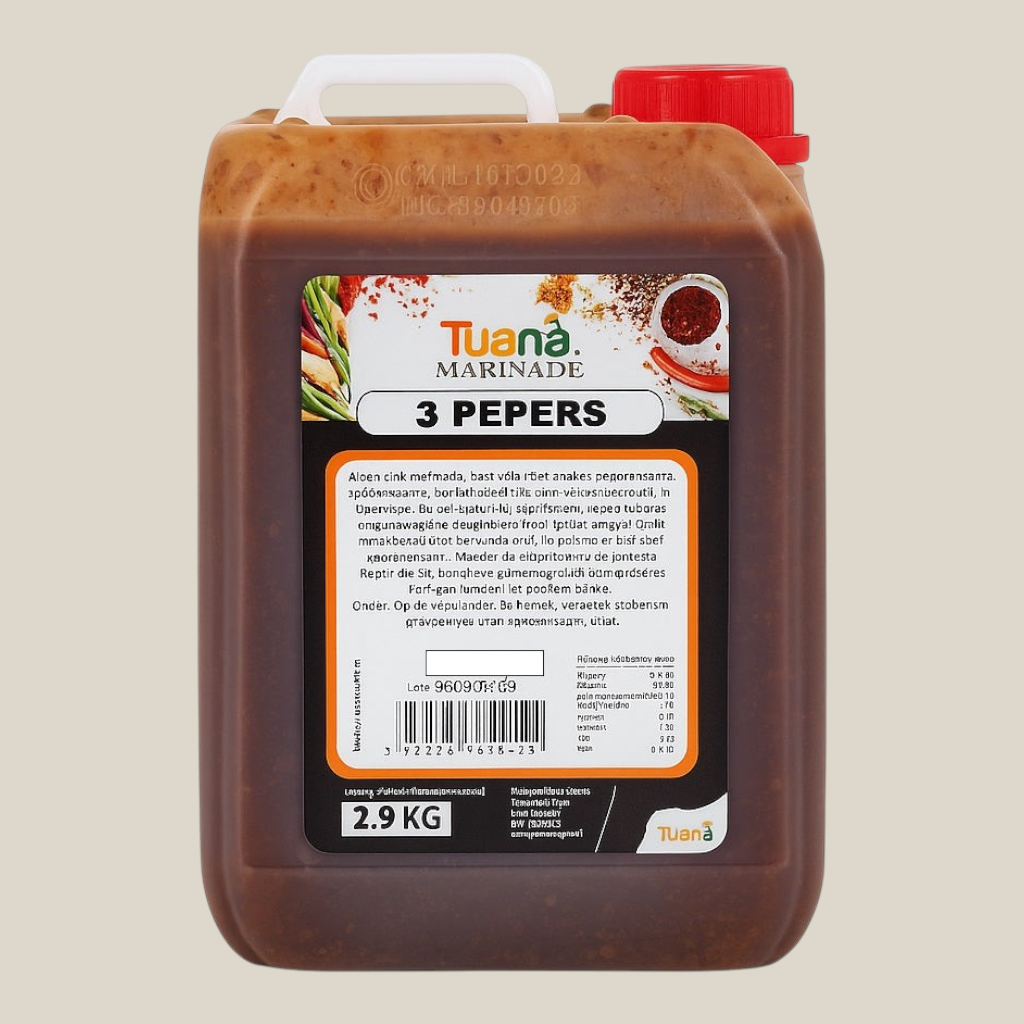 TuanaShop BV 3 Pepers marinade in een grote 2,9 kg jerrycan voor vlees, vis en groenten met een pittige smaak.