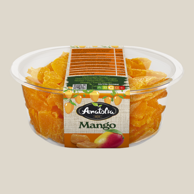 TuanaShop BV Anatolia Fruit gedroogde mango stukjes in een transparante 200g verpakking voor een gezonde snack.