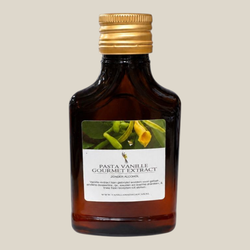 TuanaShop BV alcoholvrije Madagascar vanille gourmet extract pasta in een bruin glazen flesje met gouden dop
