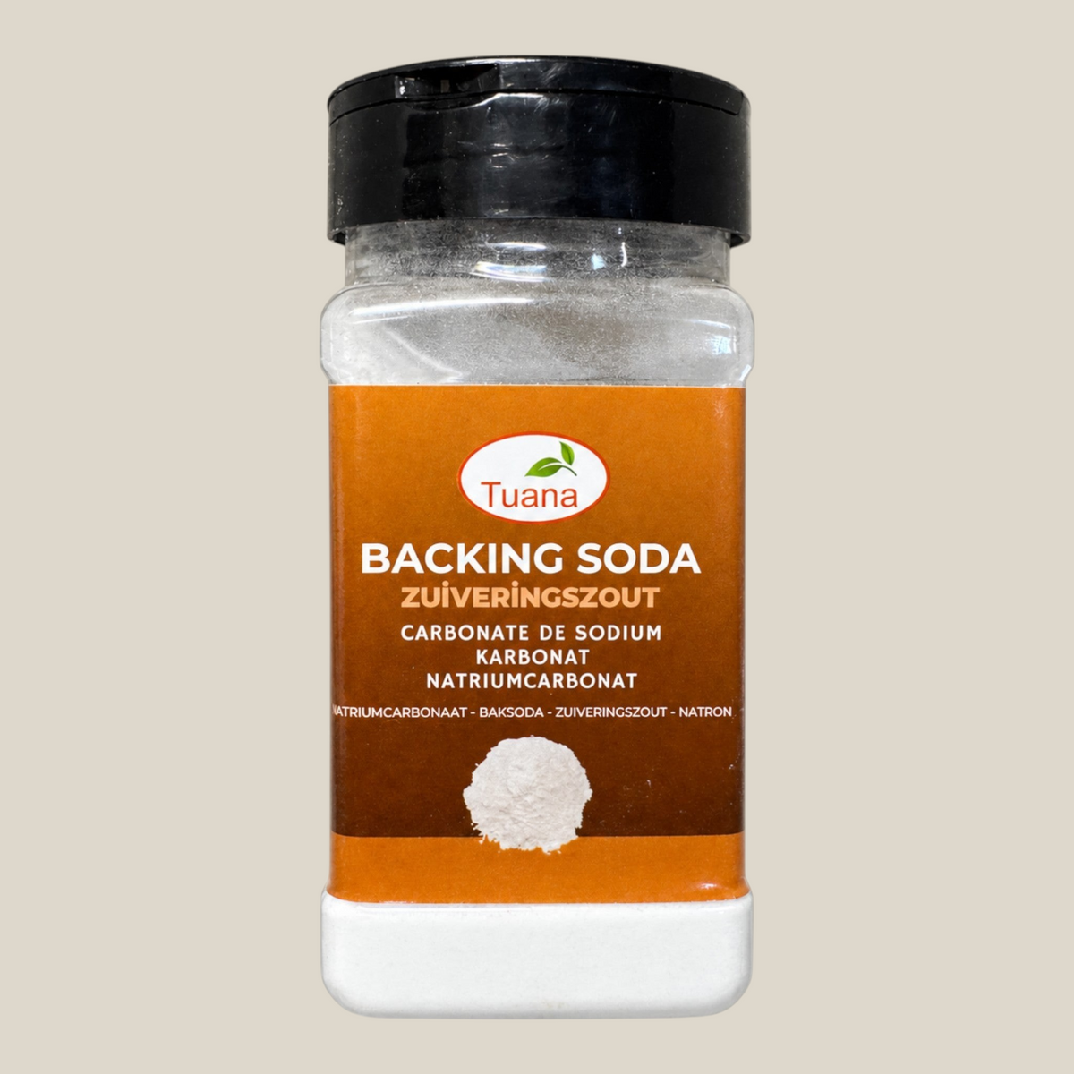 TuanaShop BV natriumbicarbonaat baking soda in een handige strooibus voor bakken en huishoudelijk gebruik