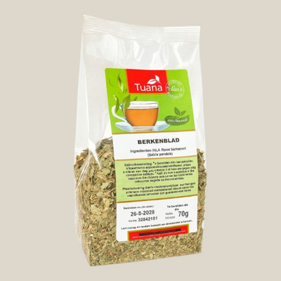 TuanaShop BV Berkenblad kruidenthee in een doorzichtige verpakking met 70g gedroogde berkenbladeren.