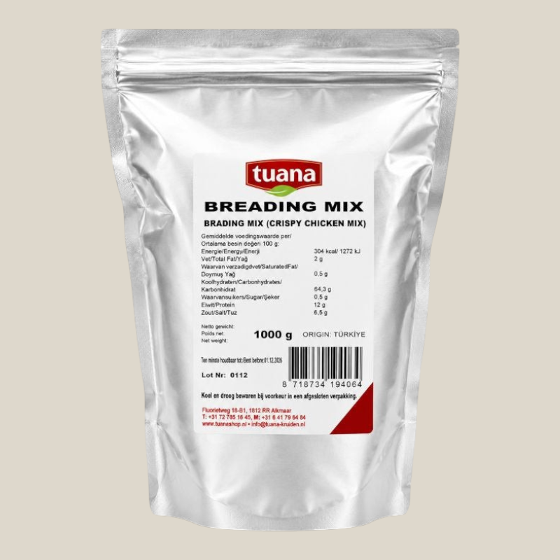 TuanaShop BV Breading Mix voor extra krokante kip in een zilverkleurige verpakking van 1000 gram