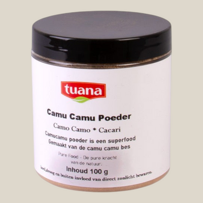 TuanaShop BV Camu Camu poeder in een 100g pot, een biologisch superfood uit het Amazonegebied.