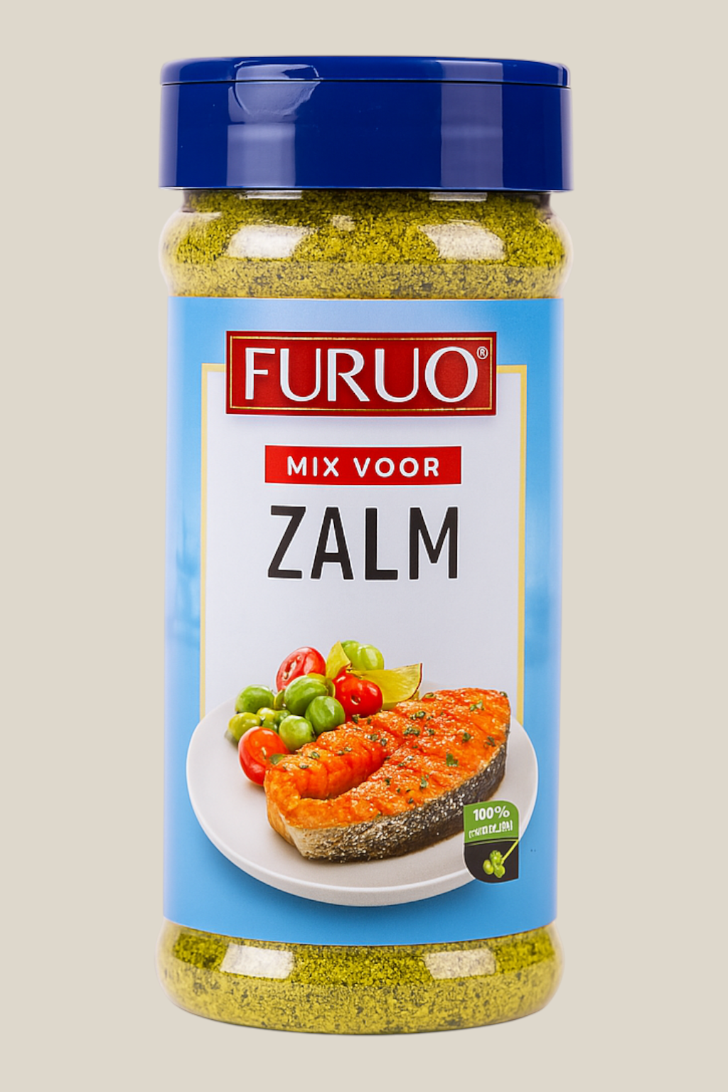 TuanaShop BV Zalm Mix kruiden in een transparante strooibus met blauwe dop voor het kruiden van verse zalm.