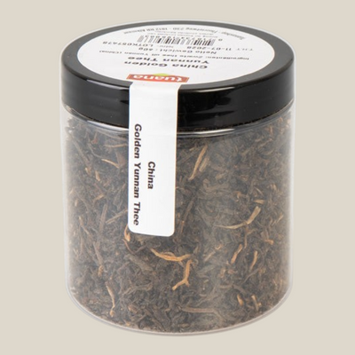 TuanaShop BV China Golden Yunnan zwarte losse thee in een doorzichtige pot met gouden bladknoppen