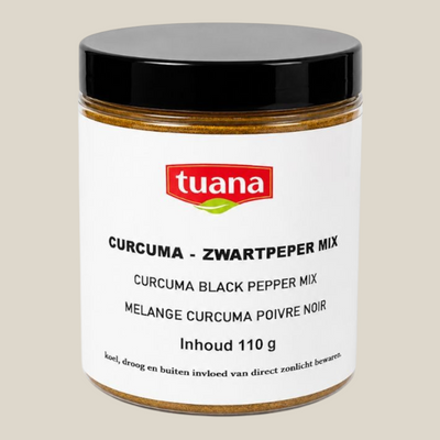 TuanaShop BV Curcuma Zwarte peper mix in een transparante pot van 110 gram met een zwart deksel