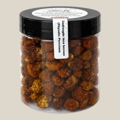 TuanaShop BV gedroogde Inca bessen in een doorzichtige pot met zwarte deksel, 250g verpakking