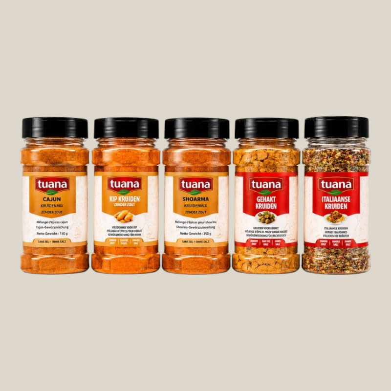 TuanaShop BV kruidenpakket met vijf zoutloze kruidenmixen in glazen potten voor vlees en groenten.