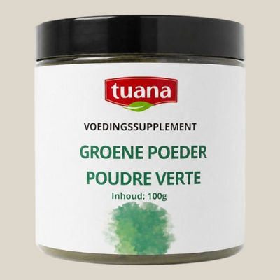 TuanaShop BV Groene Poeder voedingssupplement in een pot van 100 gram met senneblad voor een normale darmfunctie
