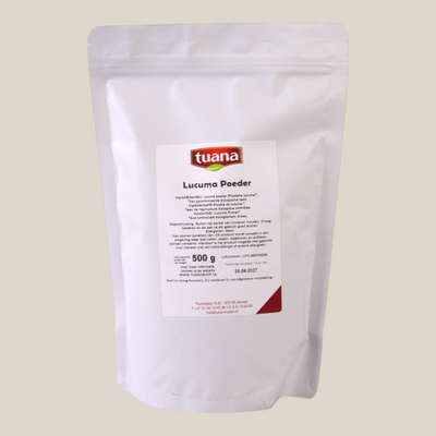 TuanaShop BV Lucuma Poeder 500g in een witte stazak met etiket, een natuurlijke zoetstof uit Peru.
