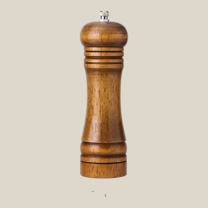 TuanaShop BV houten peper- en zoutmolen van 22 cm met keramisch maalwerk en metalen draaiknop voor instelbare maalgraad.