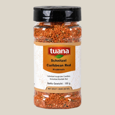 TuanaShop BV Schnitzel Caribbean Red kruidenmix in een doorzichtige strooibus met zwarte dop