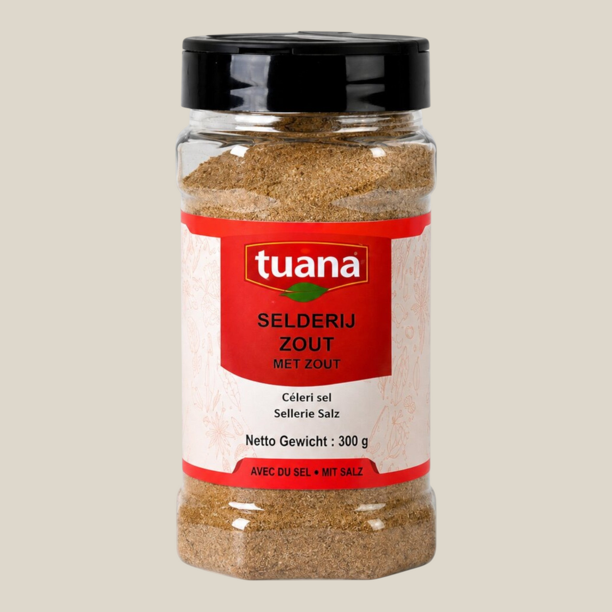 TuanaShop BV pot met selderijzout, een smaakvolle mix van gemalen selderijzaad en zout voor soepen en sauzen.