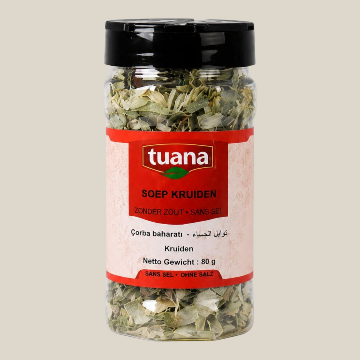 TuanaShop BV pot met gedroogde soepkruidenmix bestaande uit ui, prei, wortel en selderijblad voor rijke bouillons