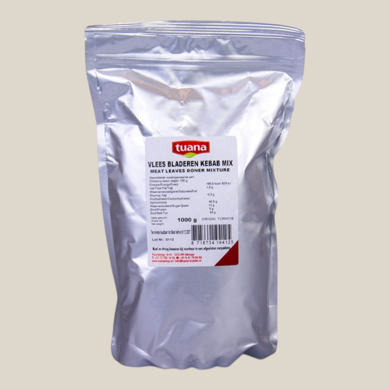 TuanaShop BV Vlees Bladeren Kebab Mix in een zilverkleurige stazak van 1000 gram voor authentieke döner en shoarma.