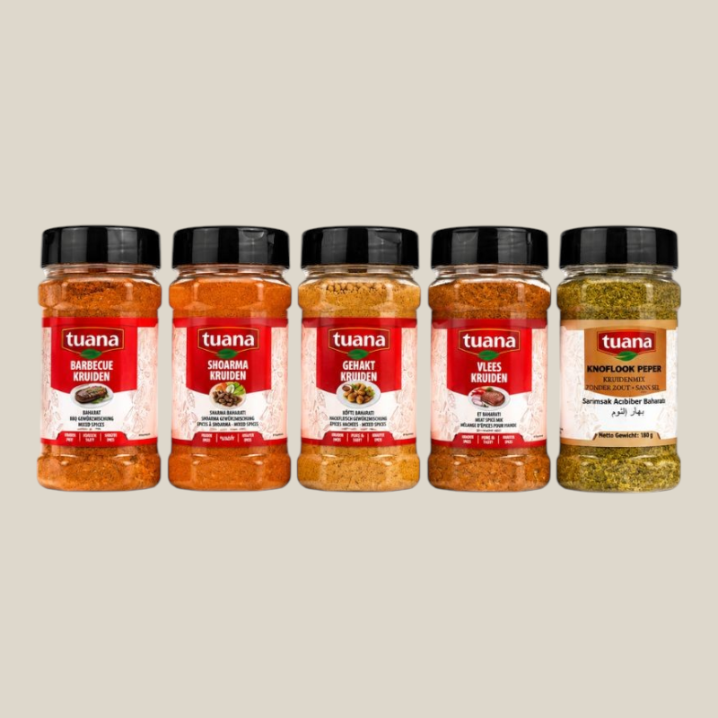 TuanaShop BV kruidenpakket met 5 zoutloze kruidenmixen in glazen potten voor vlees, BBQ en shoarma.