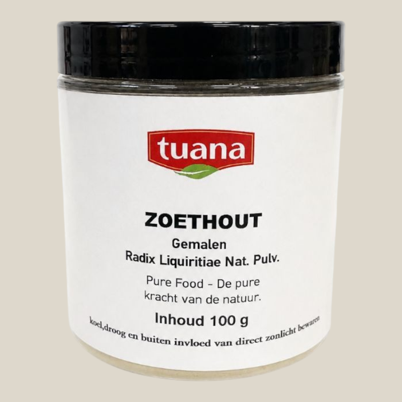 TuanaShop BV Zoethout Gemalen poeder in een hersluitbare pot van 100 gram voor thee en culinaire toepassingen