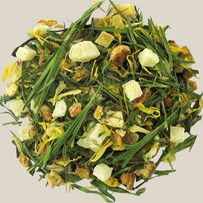 TuanaShop BV Bamboe Vruchten Thee met gedroogde ananas, appel, papaja, bamboeblad en goudsbloem in een losse blend.