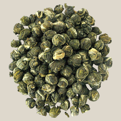 TuanaShop BV China Jasmin Dragon Pearl groene thee met handgerolde theeblaadjes en jasmijnbloesem