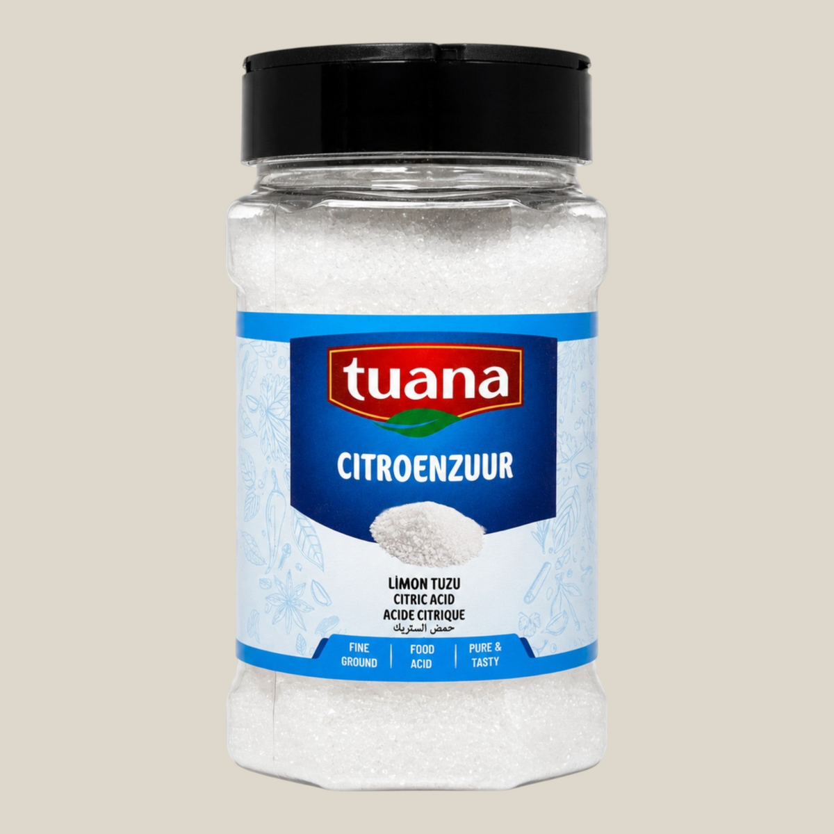TuanaShop BV citroenzuur fijn in een doorzichtige kunststof pot met zwarte dop, wit kristallijn poeder.