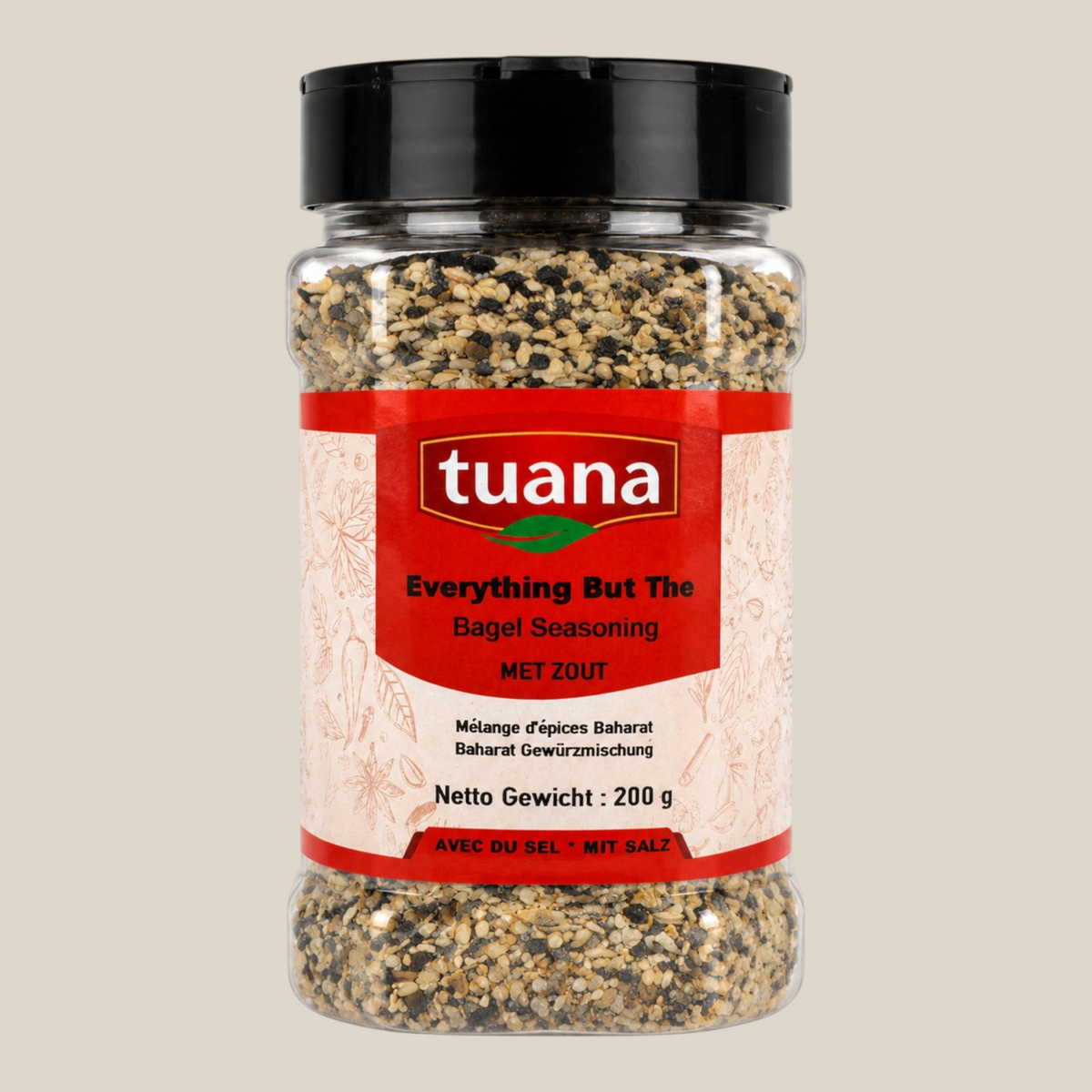 TuanaShop BV Everything But The Bagel kruidenmix in een doorzichtige pot met zwart deksel en rood etiket.