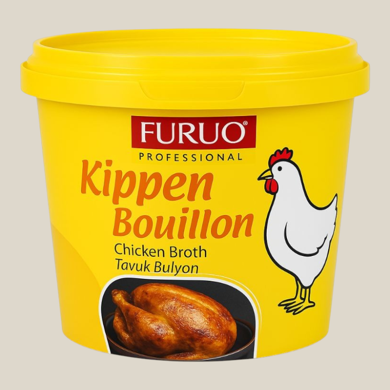 TuanaShop BV FURUO kippenbouillon in een gele 400g verpakking met afbeelding van een gebraden kip