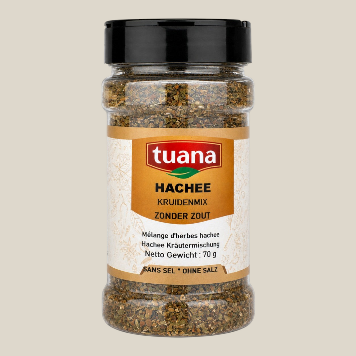 TuanaShop BV hachee kruiden zonder zout in een doorzichtige kruidenpot met zwart deksel voor stoofgerechten.