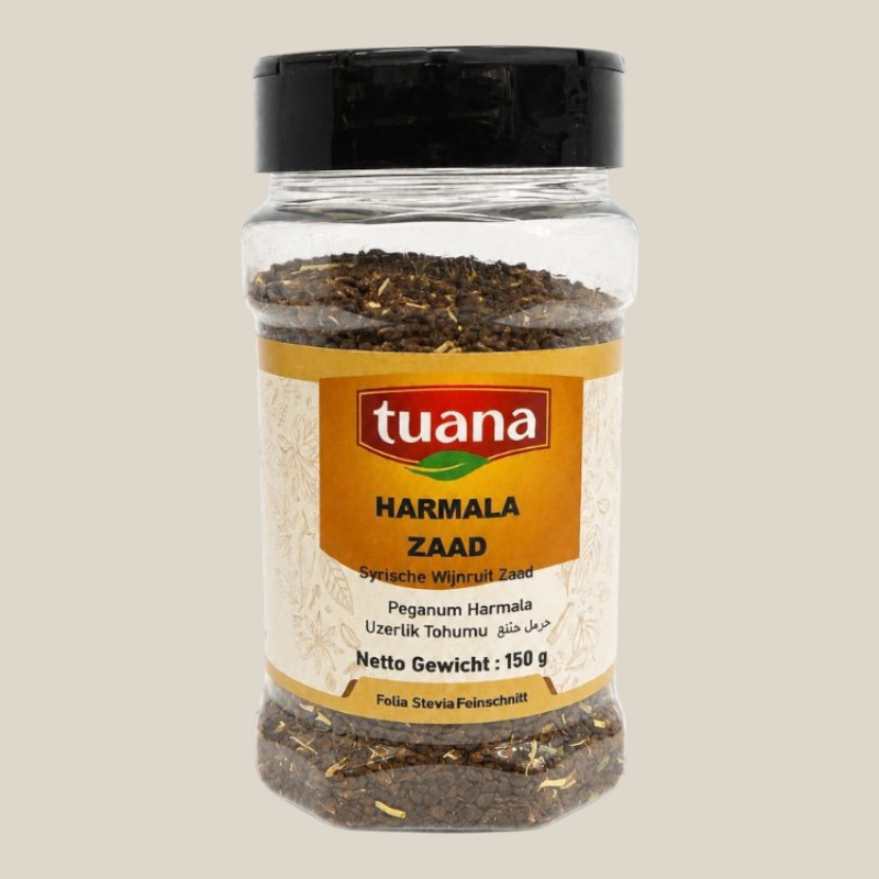 TuanaShop BV Harmala Zaad Syrische wijnruit zaden in een transparante strooipot van 150 gram