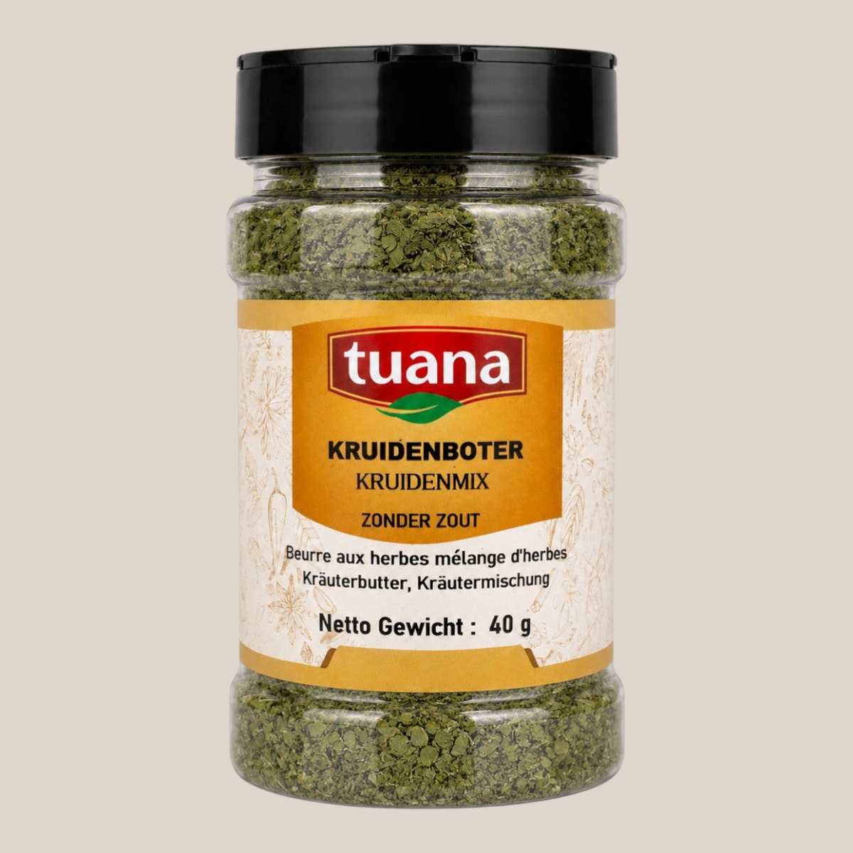 TuanaShop BV kruidenboter kruidenmix in een doorzichtige pot met zwarte dop, gevuld met gedroogde groene kruiden.