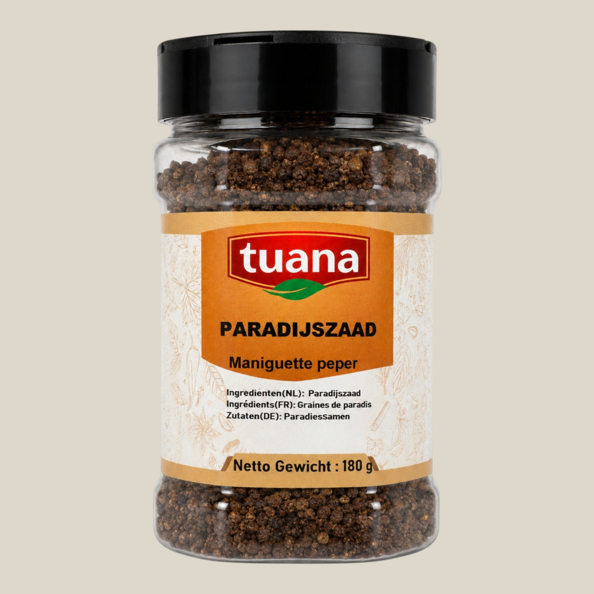 TuanaShop BV pot met Paradijszaad of Maniguette peper, een aromatische specerij voor stoofschotels en vleesgerechten.