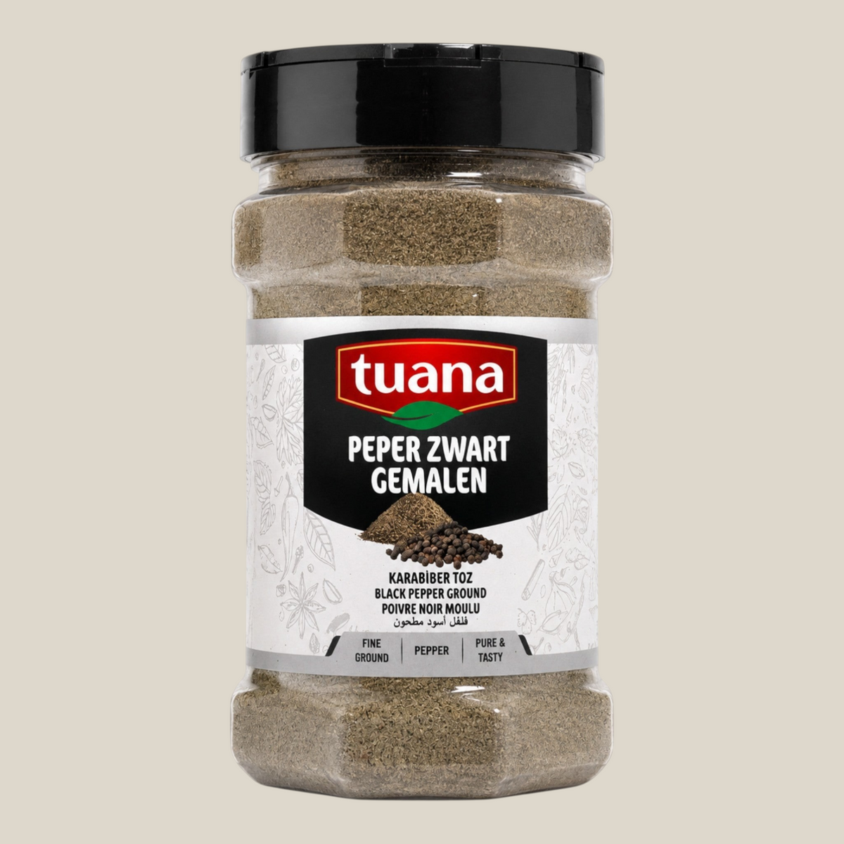 TuanaShop BV pot met fijn gemalen zwarte peper voor een krachtige en pittige smaak in diverse gerechten