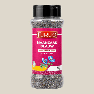 TuanaShop BV Furuo blauw maanzaad in een doorzichtige kruidenpot met zwarte dop voor brood en gebak