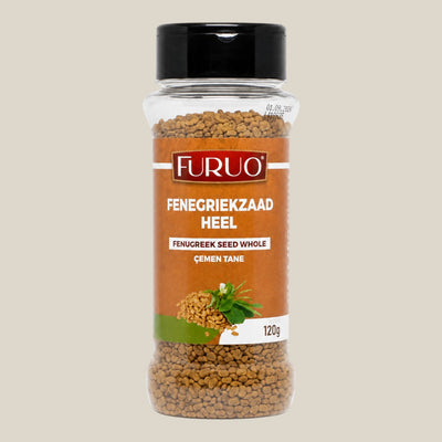 TuanaShop BV Furuo hele fenegriekzaadjes in een doorzichtige kruidenpot van 120 gram voor de Indiase keuken