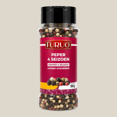 TuanaShop BV Furuo 4 seizoenen pepermix in een transparante kruidenpot met zwarte, witte, groene en roze peperkorrels.