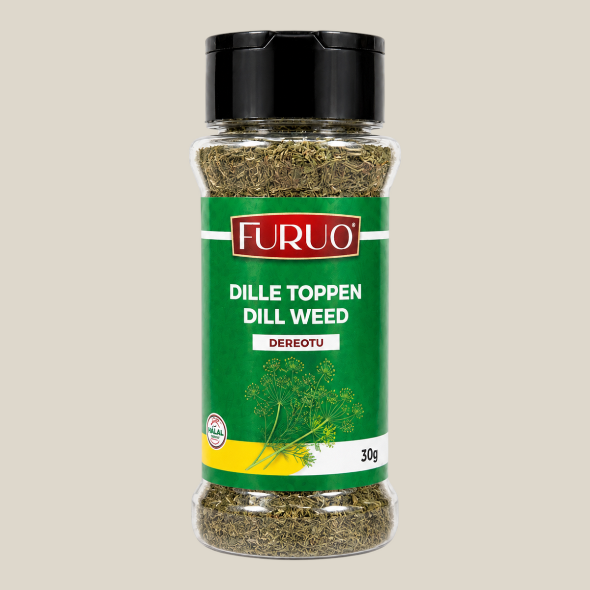 TuanaShop BV potje Furuo dille toppen met gedroogde kruiden en zwarte schroefdop op een neutrale achtergrond