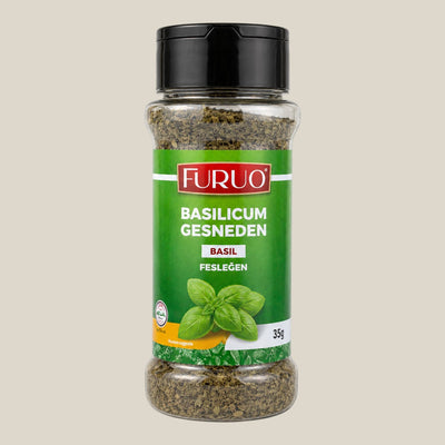 TuanaShop BV Furuo gedroogde gesneden basilicum in een doorzichtige kruidenpot met zwarte schroefdop