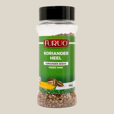 TuanaShop BV Furuo hele korianderzaadjes in een transparante kruidenpot met zwart deksel