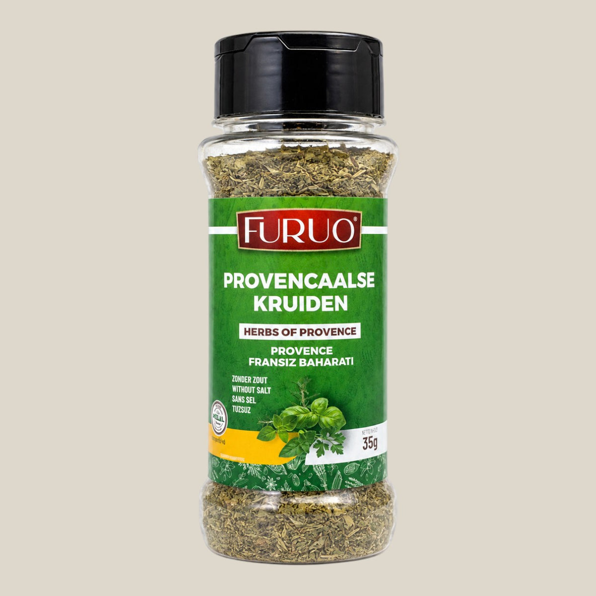 TuanaShop BV Furuo Provençaalse kruidenmix in een glazen potje met zwarte dop voor vlees, vis en groenten.