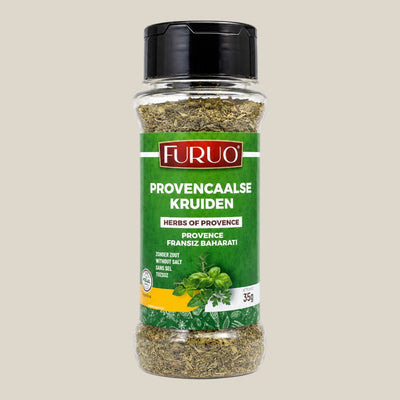 TuanaShop BV Furuo Provençaalse kruidenmix in een glazen potje met zwarte dop voor vlees, vis en groenten.