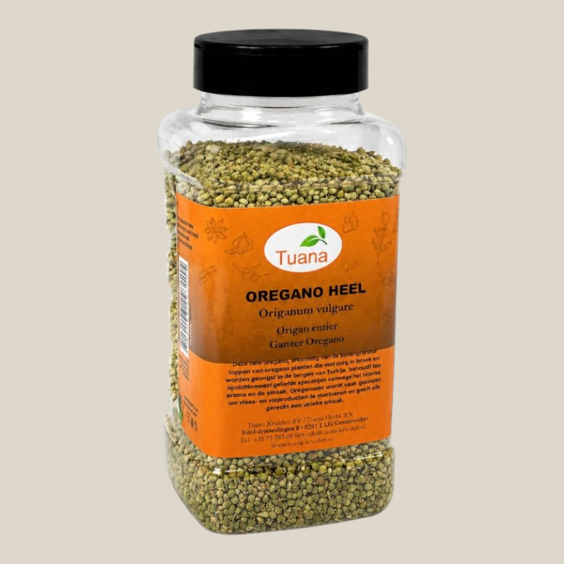 TuanaShop BV oregano knopjes in een doorzichtige plastic pot met zwart deksel voor mediterrane gerechten