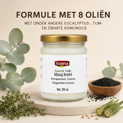 TuanaShop BV schaapstaartvet crème in glazen pot met 8 oliën zoals zwarte komijn, eucalyptus en tijm voor huidverzorging