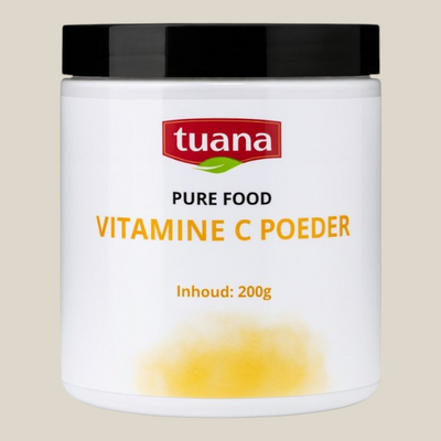 TuanaShop BV Vitamine C Pure Food poeder in een witte pot van 200 gram met zwarte dop
