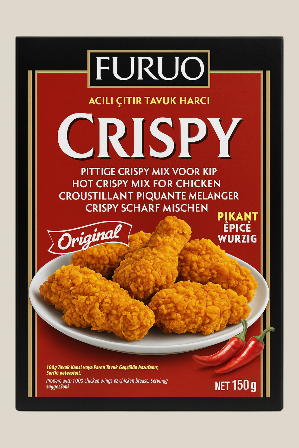TuanaShop BV FURUO pittige crispy paneermix voor kip met afbeelding van goudbruine kipstukken en rode pepers.