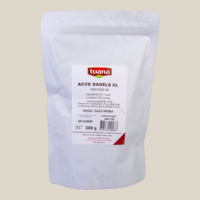 TuanaShop BV verpakking met premium ACVE dadels XL uit Saudi-Arabië, 300 gram inhoud.