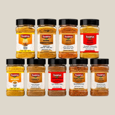 TuanaShop BV Aziatisch kruidenpakket met 9 potjes diverse specerijenmixen voor Oosterse en Indiase gerechten.