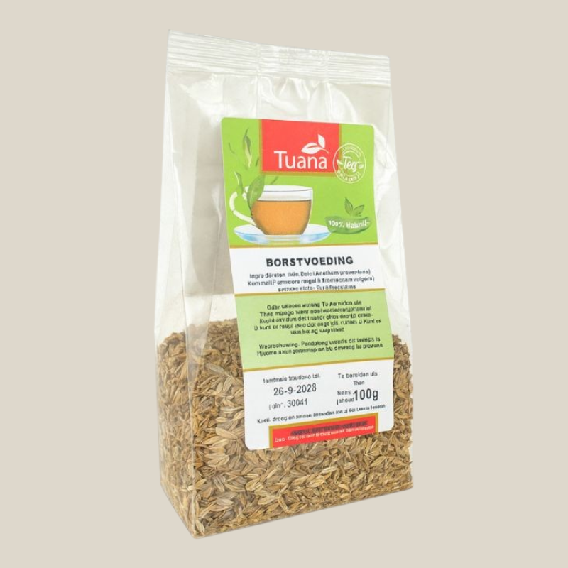 TuanaShop BV borstvoeding kruidenthee in een transparante verpakking met 100 gram losse natuurlijke kruidenmix