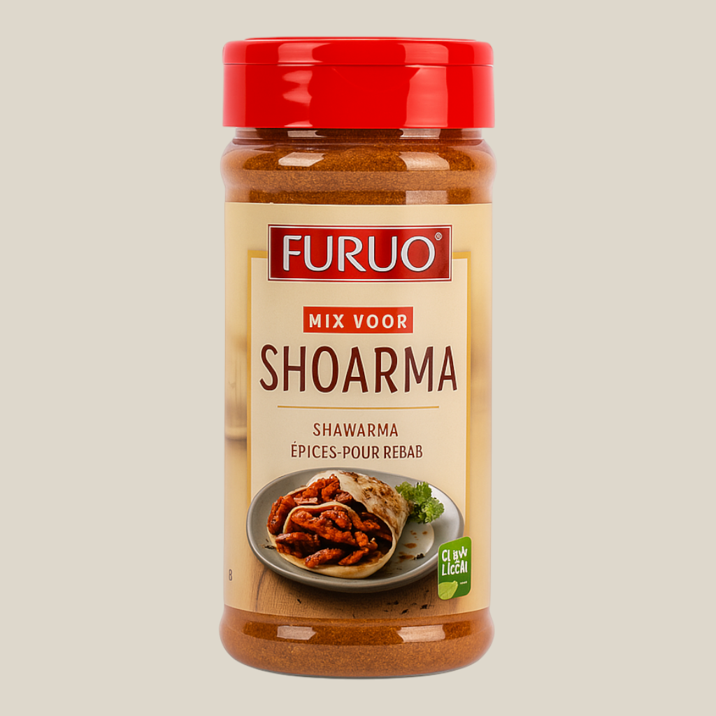 TuanaShop BV Furuo shoarma kruidenmix in een transparante pot met rode dop voor het kruiden van vlees