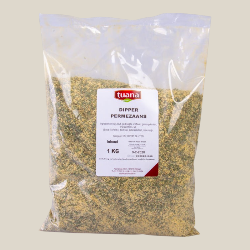 TuanaShop BV Dipper Parmezaans kruidenmix in een transparante 1kg verpakking met Italiaanse smaken voor brood en pasta