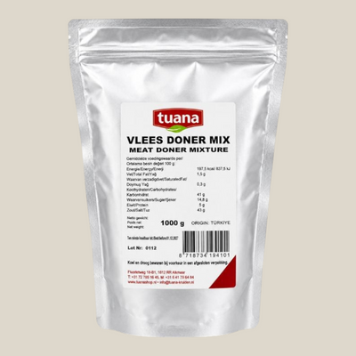 TuanaShop BV Vlees Doner Kruidenmix in een zilverkleurige stazak van 1000g voor authentieke Turkse kebab.