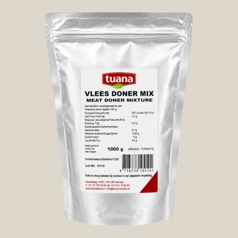 TuanaShop BV Vlees Doner Kruidenmix in een zilverkleurige stazak van 1000g voor authentieke Turkse kebab.